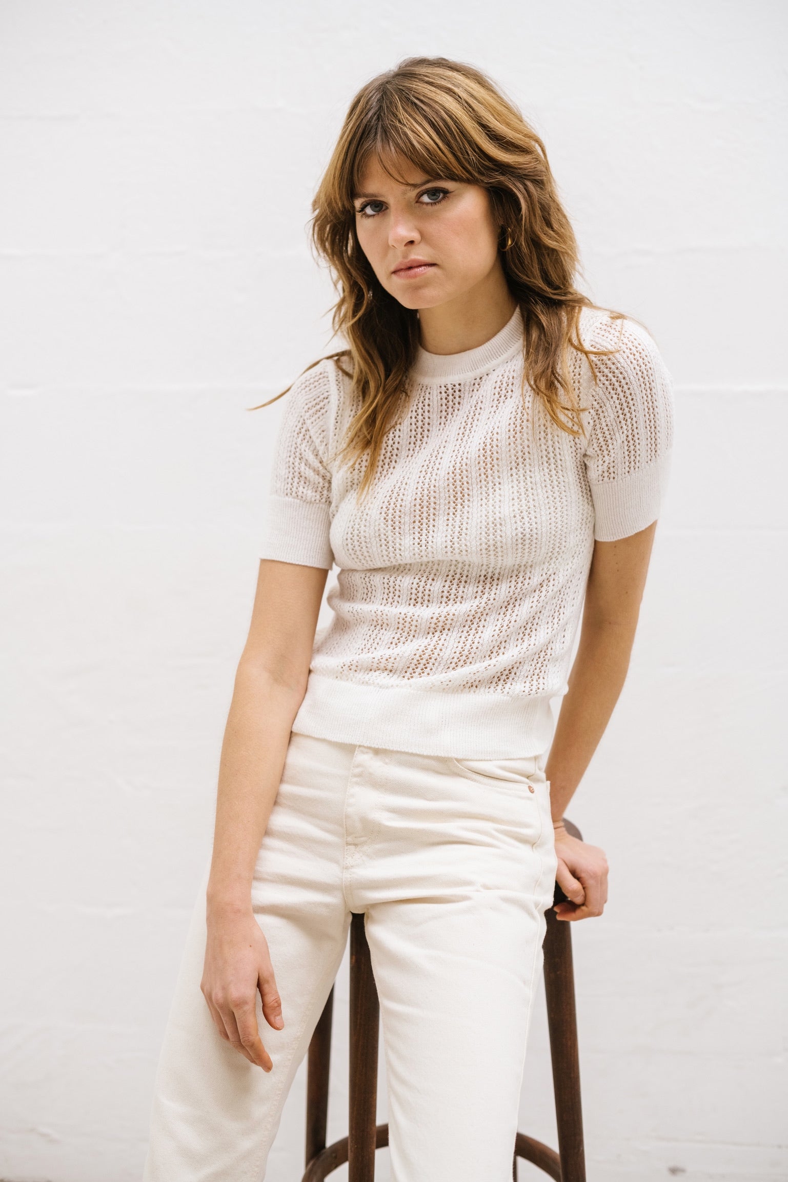 TOP LAUREN MAILLE ECRU en coton et cachemire