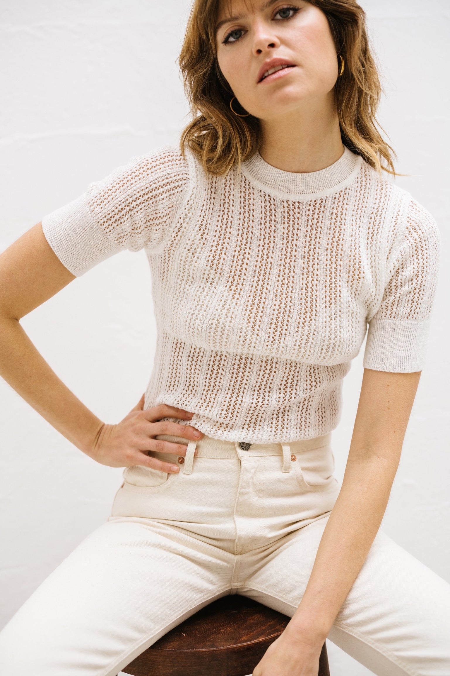 TOP LAUREN MAILLE ECRU en coton et cachemire